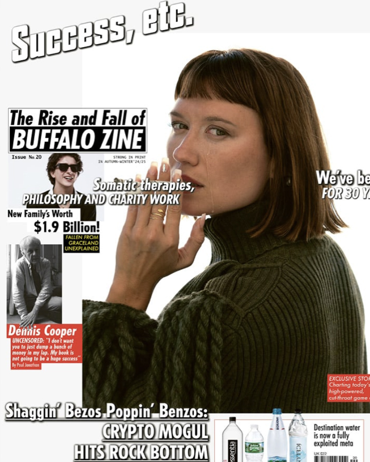 Cover image of buffalo zine with an image of a model smoking three cigarettes with tears streaming down cheek
